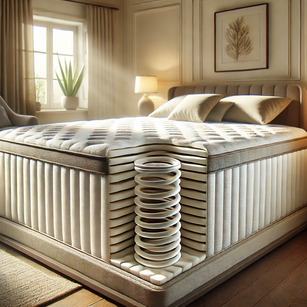 Matelas à ressorts dans une chambre moderne, mettant en valeur la structure interne des ressorts pour un soutien ferme et une bonne ventilation.