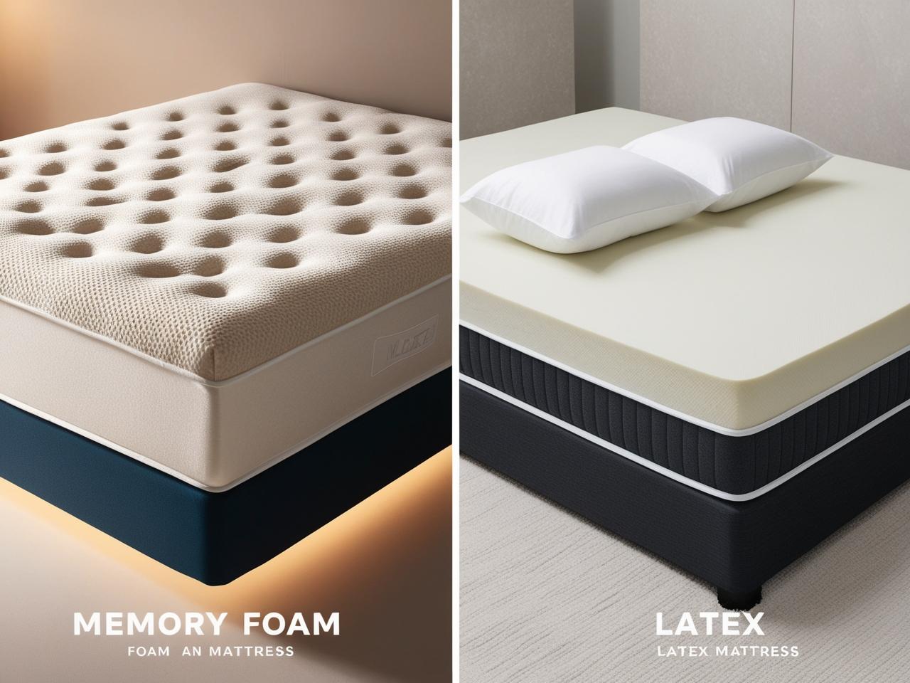Comparaison entre un matelas en mousse à mémoire de forme (à gauche) et un matelas en latex (à droite), mettant en évidence leurs caractéristiques distinctes.